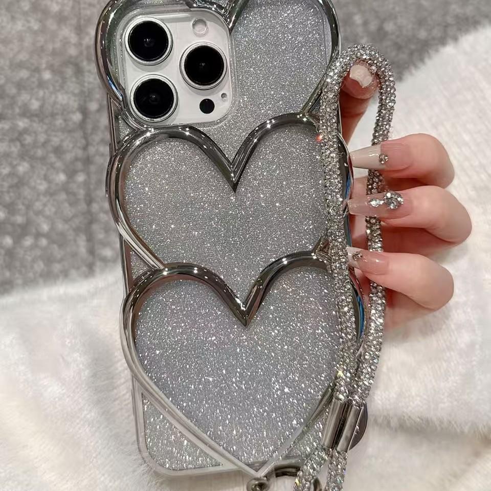 Silber galvanisierte Liebesherz-Ketten-Handyhülle für iPhone 13 Pro Max & 11