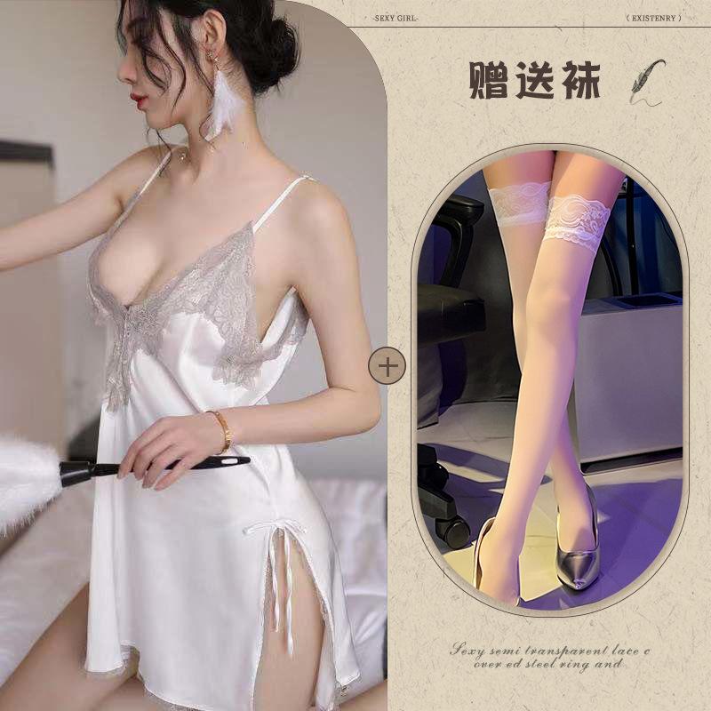 Fun underwear ice silk temptation sexy split-ended nightdress water-soluble flower hollow suspender pajama set