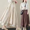 Japanese Mori Girl Linen Half Skirt: Women's Elastic Waist, Heavy Embroidery, Mid-Length A-Line Design.