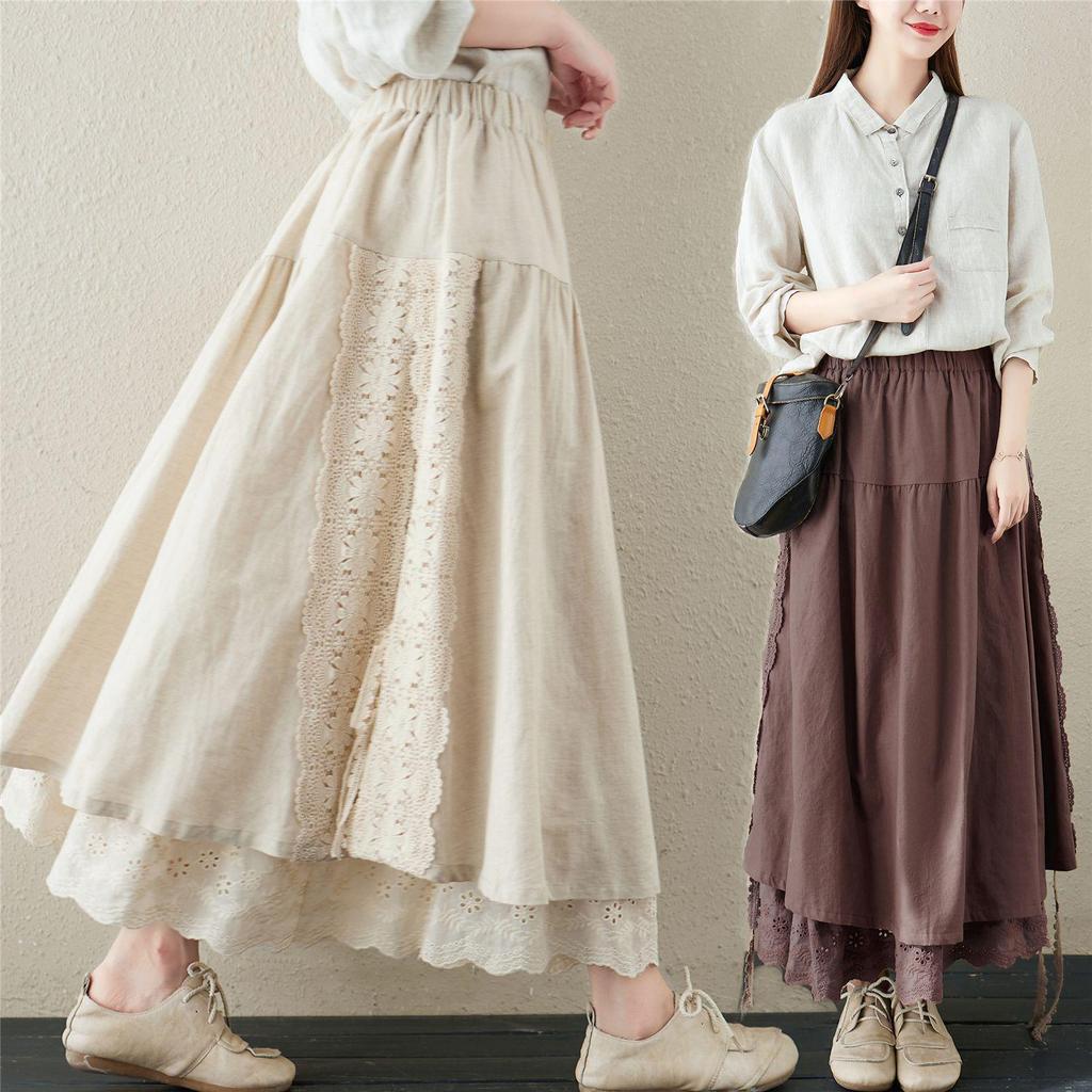 Japanese Mori Girl Linen Half Skirt: Women's Elastic Waist, Heavy Embroidery, Mid-Length A-Line Design.