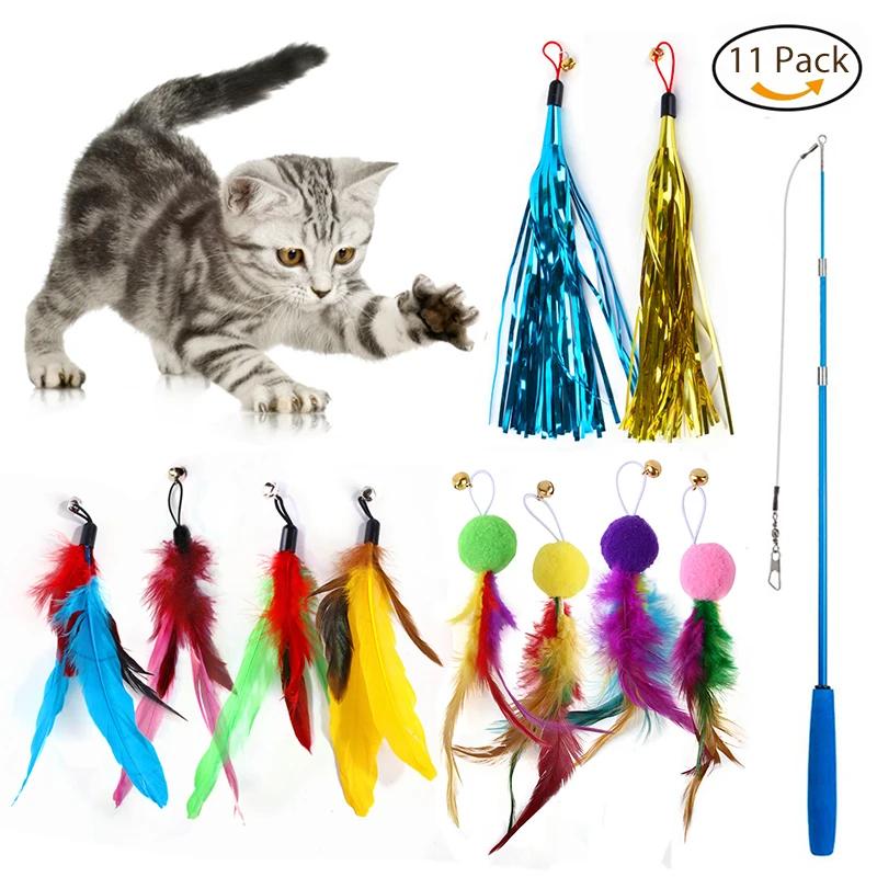 Retractable Cat Feather Toy Set Retractable Cat Wand Toys and Replacement Teaser with Bell Refills Cat Toy for Indoor Cats