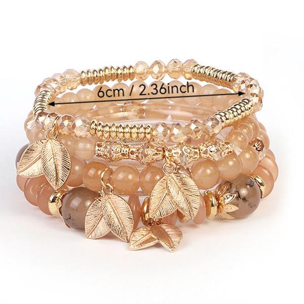 Bohemian Retro Beaded Bracelet with Leaf Pendant and Crystal Accents