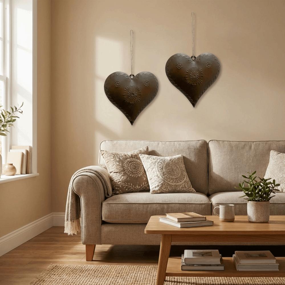 2PCS Vintage Heart Shaped Hanging Pendant Iron Heart Shaped Ornament Wall Decor  for Home