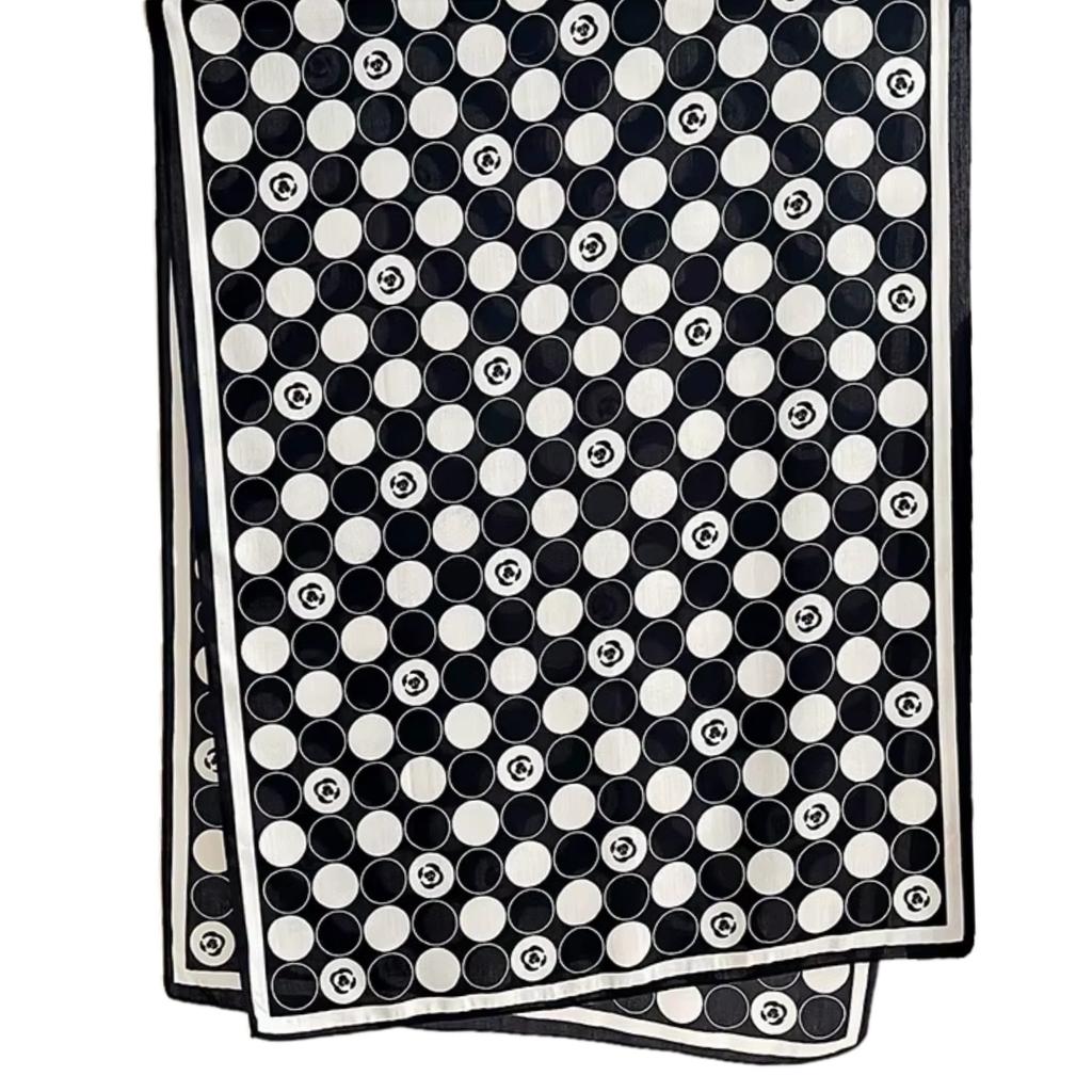 Polka Dot Scarf with Floral Pattern - 100% Viscose, 178x66 , Black and White