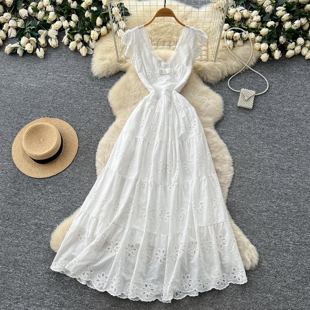 French holiday style v-neck white hollow lace lace dress women's summer high waist and thin temperament long dress