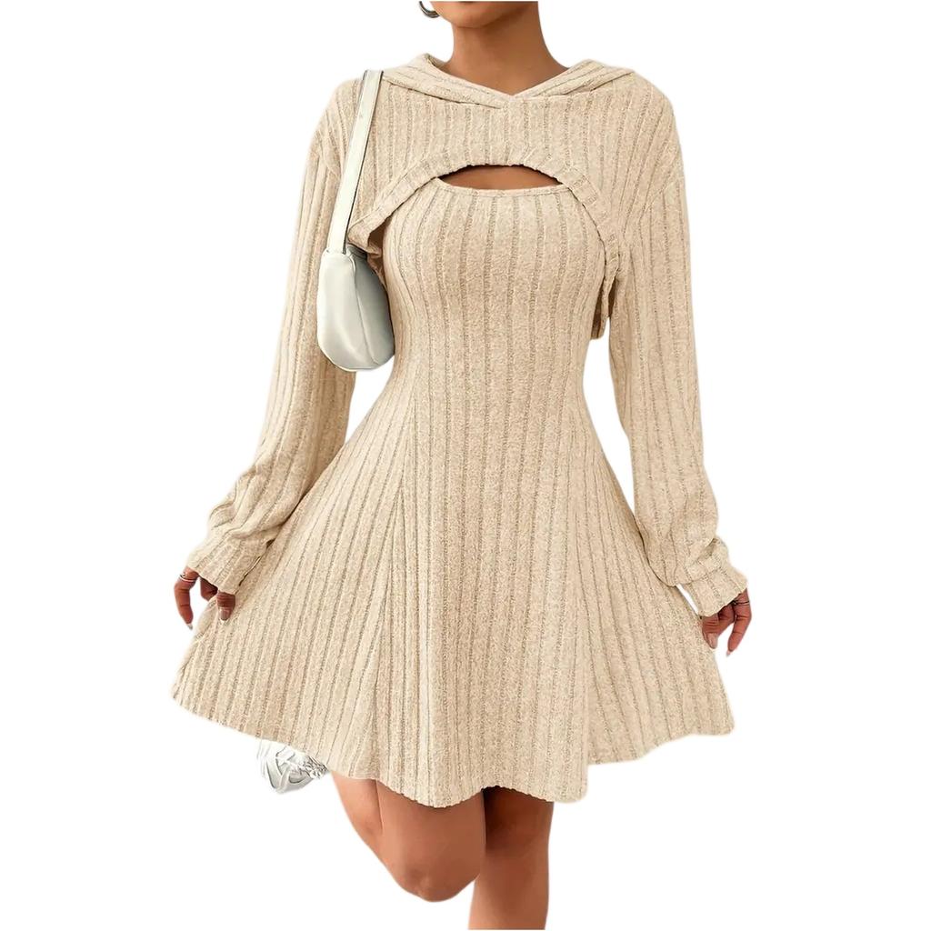 Women's Fashionable Casual Solid-color Long-sleeved Hooded Short Top + Sleeveless Dress Set