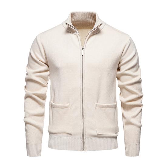 Men Knitted Jacket Stand Collar Long Sleeve Zipper Closure Sweater Coat with Pockets Thickened Plush Lining Knitwear