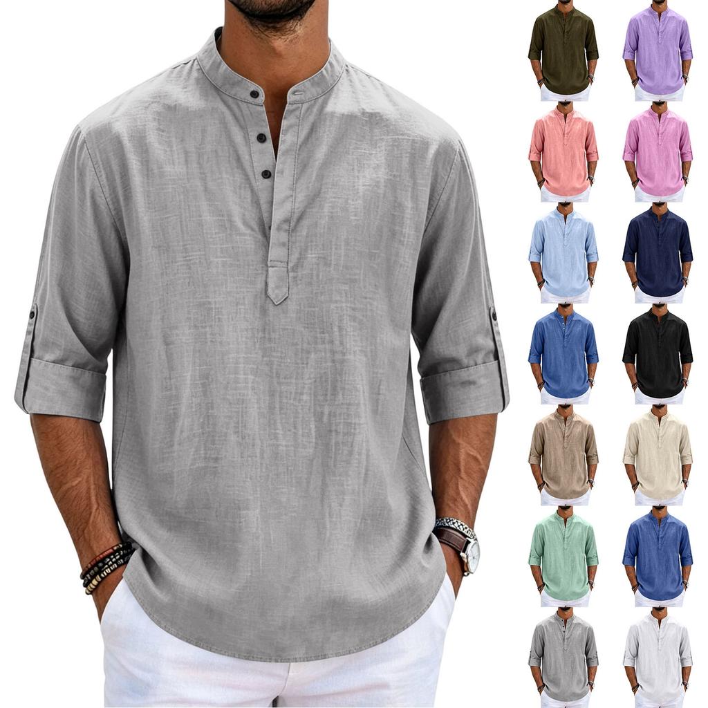 Men's Linen Long Sleeve Shirt Loose Fit Stand Collar Button Placket Casual Cotton Blend Pullover Shirt for Everyday Wear