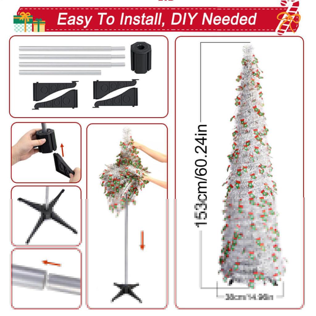 Easy Christmas Tree 5Ft Retractable Holiday Home Decor Silver Festive Tree Christmas Decorations For Indoor Outdoor Living Room