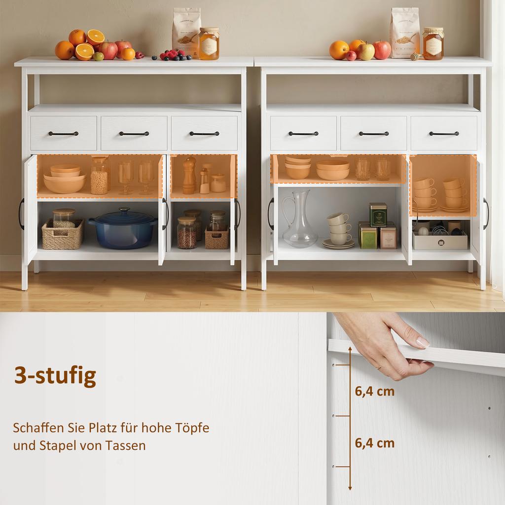 Komoda z regulowanymi półkami, Szafka bufetowa z 3 szufladami, 3 drzwiami, 95 cm, Biała