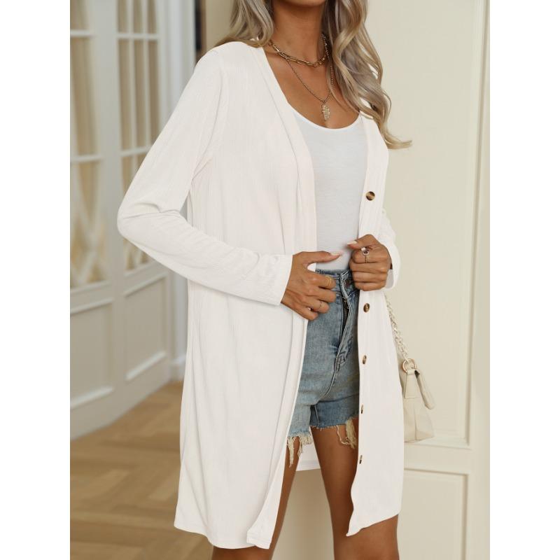 Damen Einfarbige Knopfleiste Langarm Locker Lässig Langer Cardigan