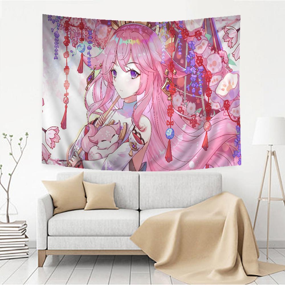 

Cute Anime Genshin Impact Yae Miko Anime Tapestry Hippie Flower Wall Carpets Dorm Decor Cheap Hippie Wall Hanging 50x70cm