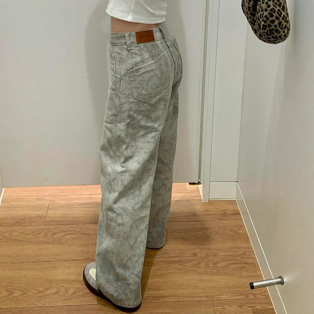 Fashionable Comfortable Tie-dyed Large-size Denim Jeans Women's Autumn Loose and Skinny Straight Wide-legged Trousers Jeans for Women Long Denim Pants