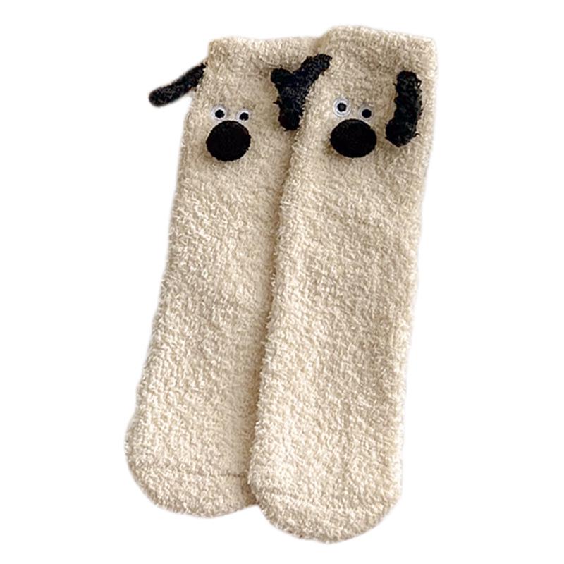Women's Winter Coral Fleece Socks - Cute Cartoon Puppy, Thick, Warm, Mid-Calf Home & Sleep Socks