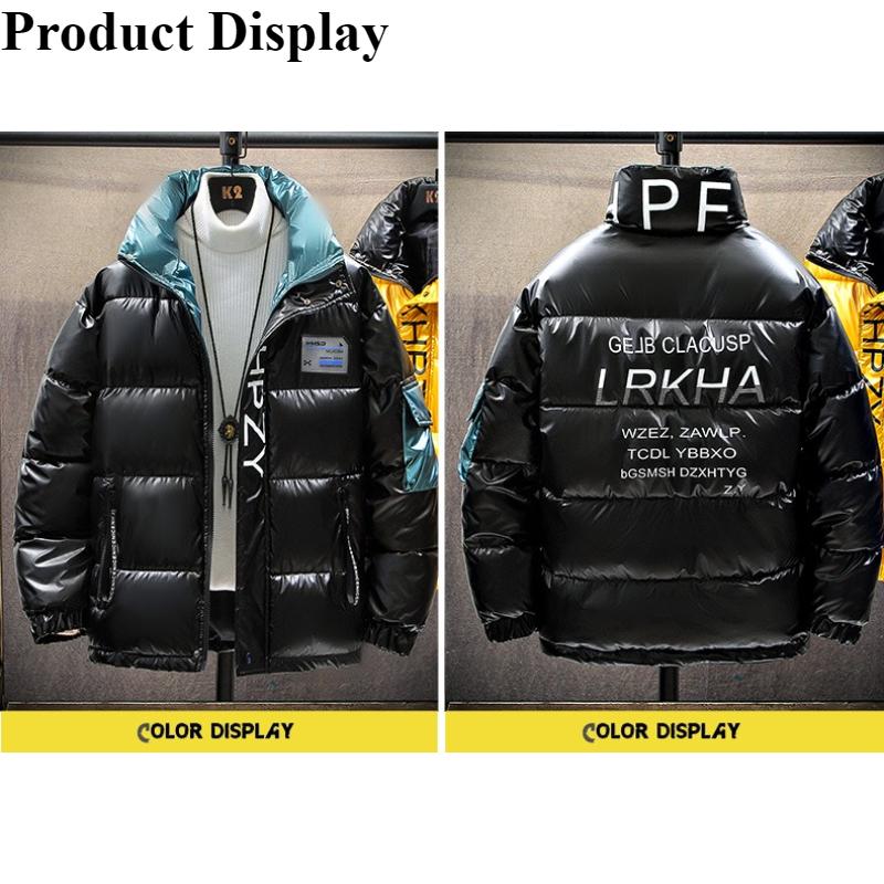 Korejská verze lesklé pánské zimní bundy se stojáčkem, bavlněný zateplený teplý kabát, ležérní volný pohodlný vysoce kvalitní materiál, péřová bunda