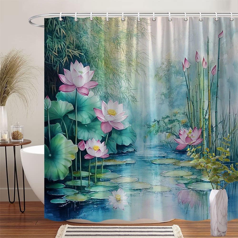 Farbige Bemalte Lotus Teich Duschvorhang Waschbar Schmutzabweisend Duschkopf Wasserdicht Polyester Badvorhang Für Heimdekoration