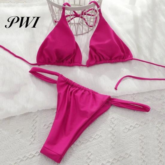 Summer Swimming Suit 2 Pcs/Set Women Bikini Set Pleated Solid Color Lace Up High Waist Bathing Spaghetti Strap Halter Neck Push Water Sports Clothes