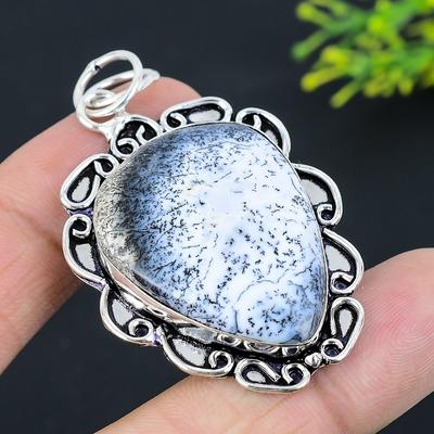 Natural Dendrite Opal Gemstone 925 Sterling Silver Gift Pendant 2.36" r0Y18