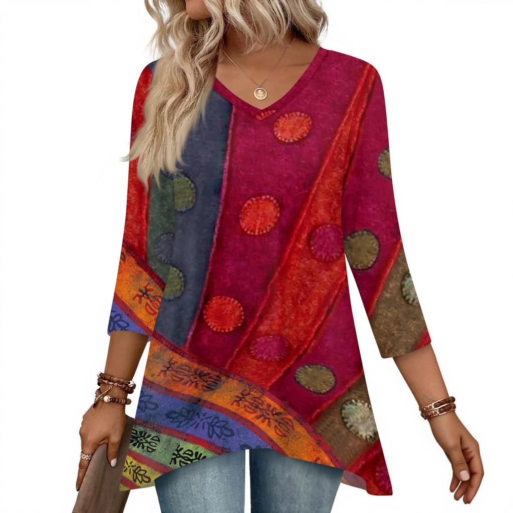 Dámské topy s výstřihem do V a 3/4 rukávem, ležérní košile střední délky, módní tuniky s potiskem