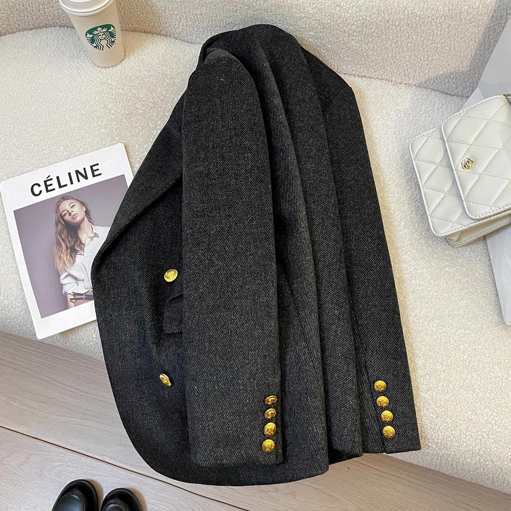 Women's 2025 Winter Dark Grey Twill Blazer - British Style Commuting Jacket