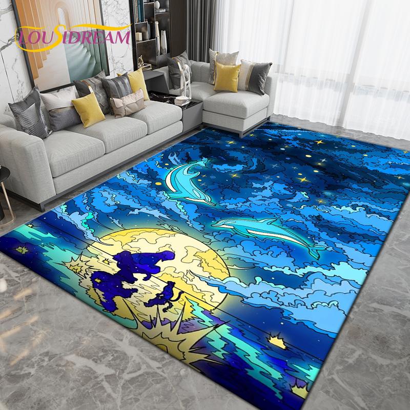 Ocean Underwater World Fish Dolphin Octopus Area Rug,Carpet Rug for Living Room Bedroom Sofa,Kitchen Bathroom Non-slip Floor Mat