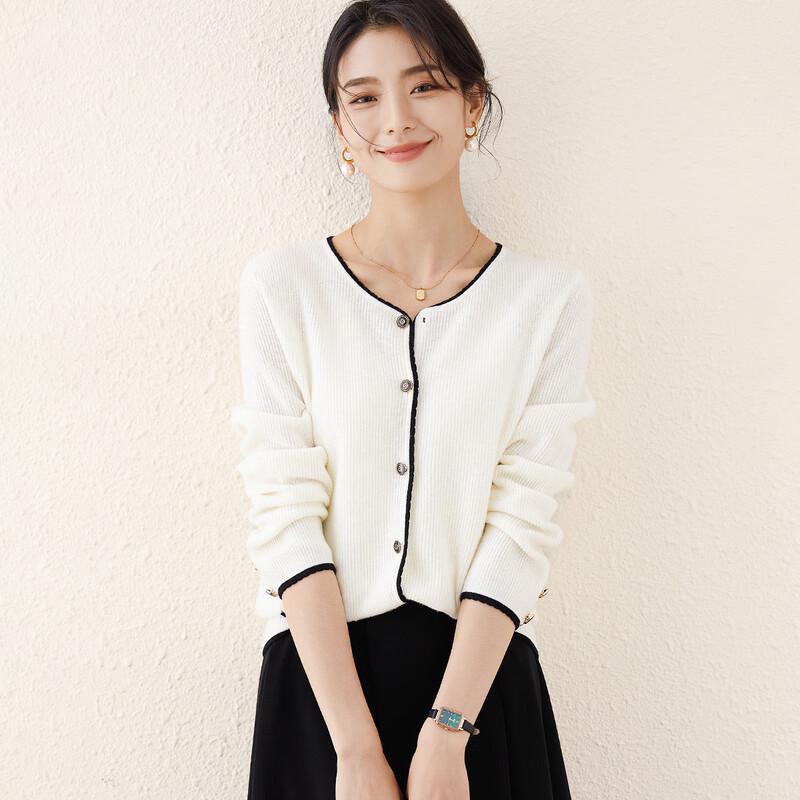 TUHUANG Women's Pure Wool Color-block Knit Cardigan