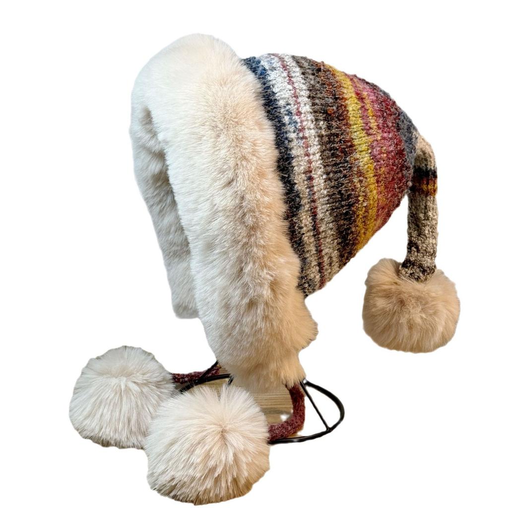 Rainbow Knitted Ethnic Style Ear Protection Hat for Women In Autumn and Winter Fur Ball Cute Plus Velvet Warm Lei Feng Hat Versatile Pullover Hat