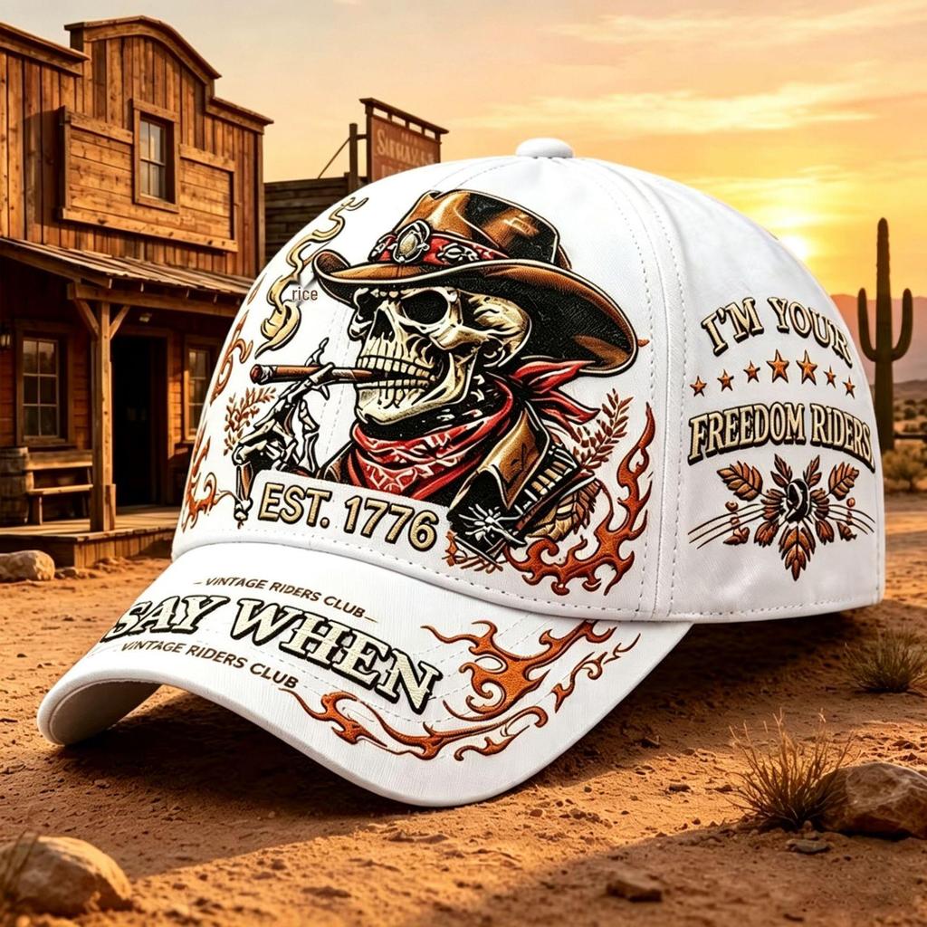 Nuovo Berretto da Baseball Cowboy Teschio del West Americano con Design a Fiamma Retrò e Protezione Solare