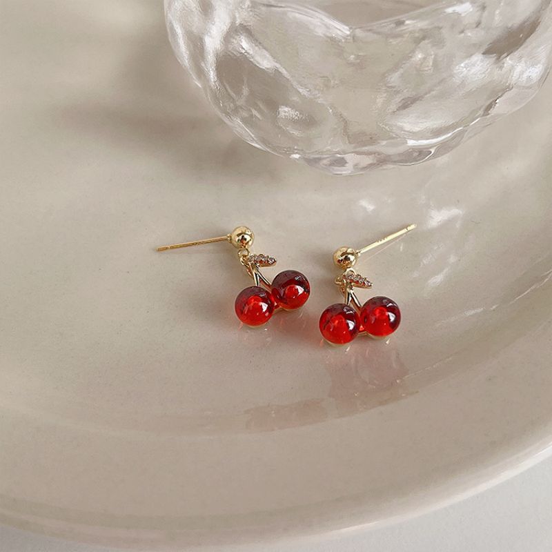 Red Cherry Pendant Necklace Stud Earrings Set Women's Fashion Fruit Necklace Earrings Jewery Set For Party Wedding Girls Gifts
