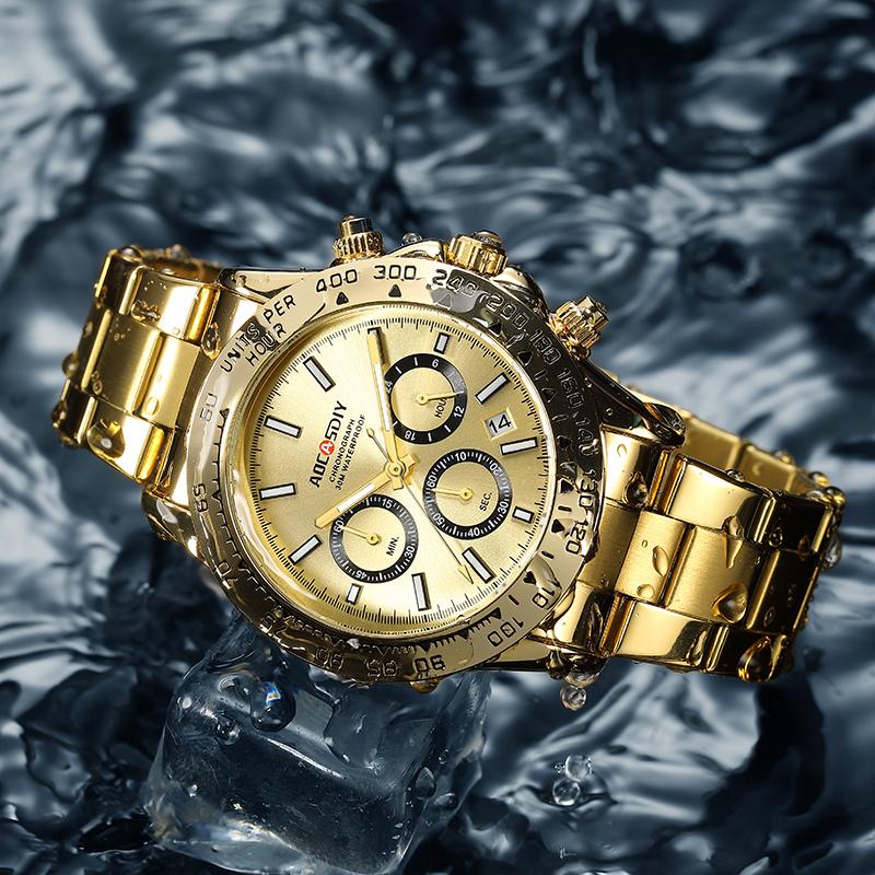 Quarzuhr für Herren Business Gold Schwarz Edelstahl Mode Klassisch Luxus Multifunktional Analog Armbanduhren Reloj Hombre