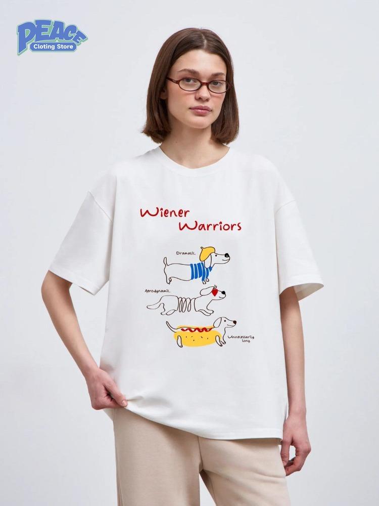 Lovely Sausage Dog Print 100% Cotton Graphic T-shirt Women's Clothing Summer Fashion Simple Lovely Casual Comfy Sleeve Top Y2K