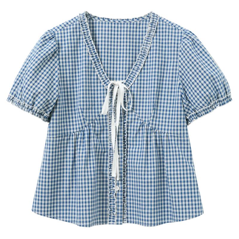Sancai Women s Plaid V-Neck Puff Sleeve Blouse L