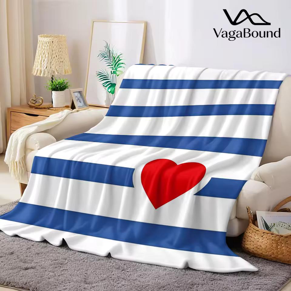Red Heart Blue White Stripes Flannel Blanket Warm Soft Halloween Christmas Couch Warm Cozy Decorative Decor Gift for All Season