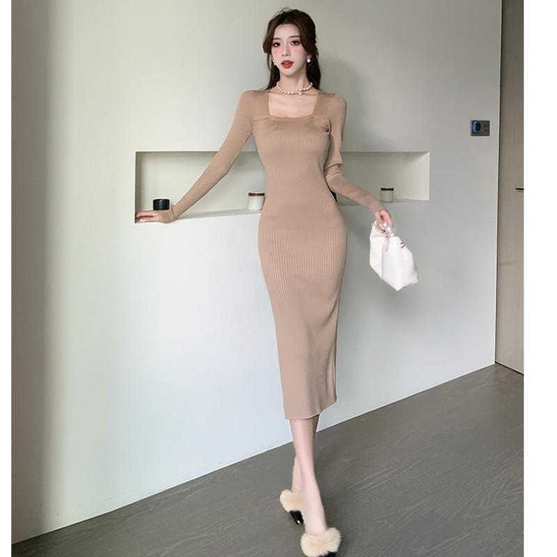 Spring Square Neck Knitted Sexy Dress Women Fashion Autumn Slim Fit Base Women's Sweater Dresses Elegant Long Sleeve Solid Winter Casual Dress 25955