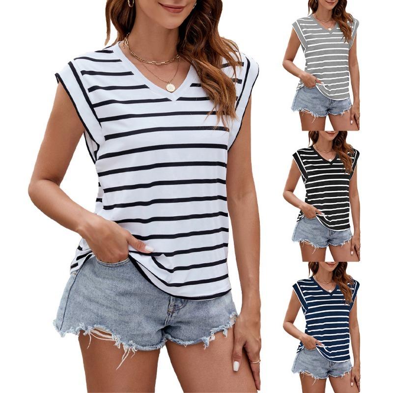 Women's Summer V-neck Striped Short-sleeved Loose T-shirt Top