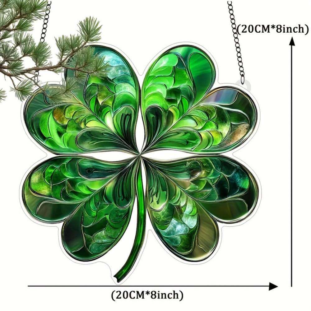 2D plochý tisk smaragdový čtyřlístek přívěsek, lapač slunce, okenní závěsná dekorace, vhodný pro zahradu, verandu, ložnici, kancelář, domov a venkovní použití