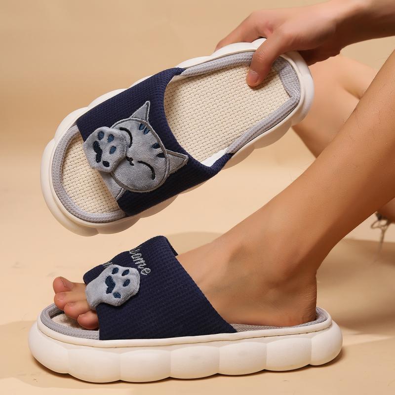 Linen Casual Slippers Women House Platform Cute Cartoon Cat Designer Shoes Girls Flat Elegant Footwear Indoor Large Size