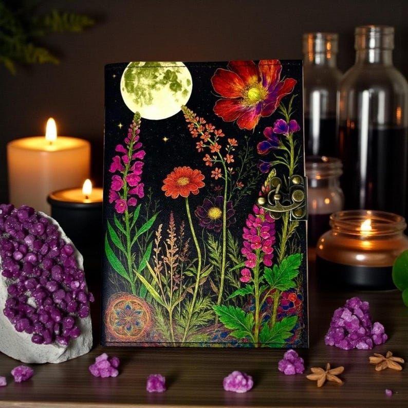 Moonlit Wildflower Leather Grimoire | Handmade Spell Book of Shadows, Vintage Deckle Paper Journal, Unique Wildflower Gift for Him and Her