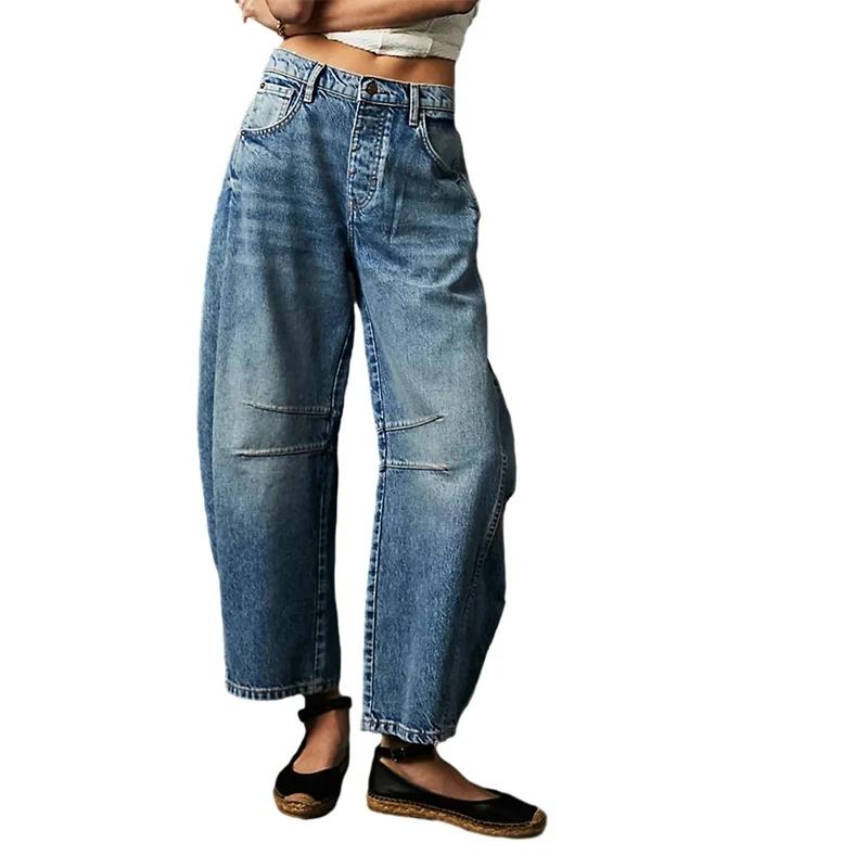 Jeans a Gamba Larga Elasticizzati a Vita Media Moda Forma a Barile Jeans in Denim Casual Baggy da Donna a Vita Media