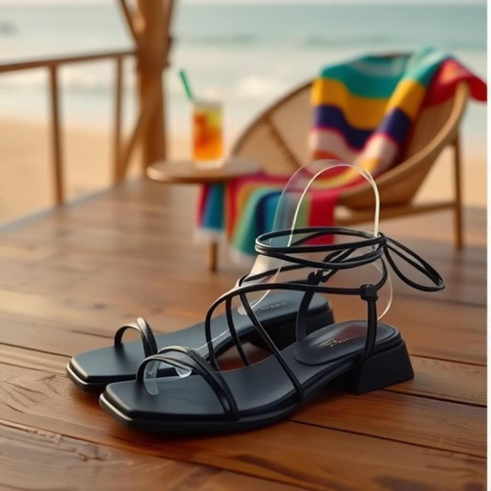 Strap Low Heel Sandals for Womens 2025 Summer New Roman Strap Toe Fashion Flat Shoes for Women's Designer Sandals Ladies Shoes