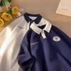 Men Waffle Knit Color Block Cartoon Embroidered Oversized Polo Shirt Casual Streetwear Summer Top