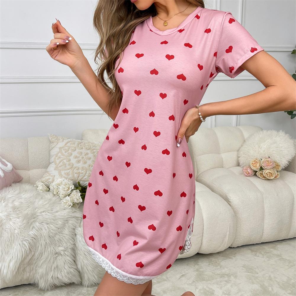 Pink love print Modal short-sleeved nightdress side split-ended round neck lace splicing pajamas one piece