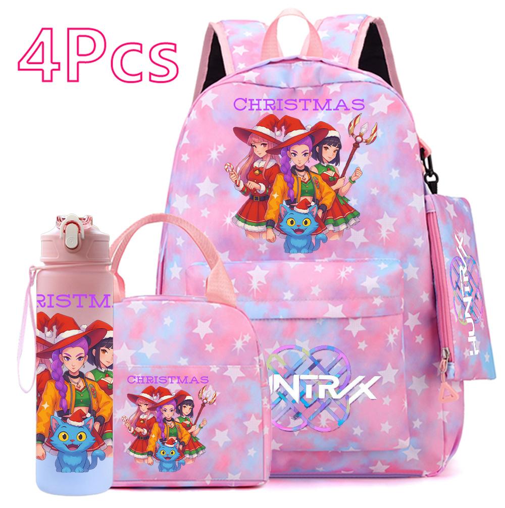 4 st/set Jul K-POP Tryckt Ryggsäck Handväska Pennskrin 750 ml Vattenflaska för Tonåring Pojke Flicka Bokväska Skolväska Med Drickmugg Barnpresent