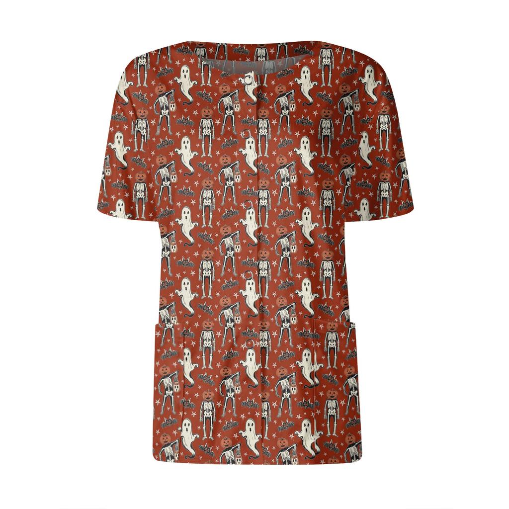 Women's Short Sleeved Patterned Pockets, Work Print Stand Up Collar, Single Breasted Protective Clothing, Cardigan Jacket, Top