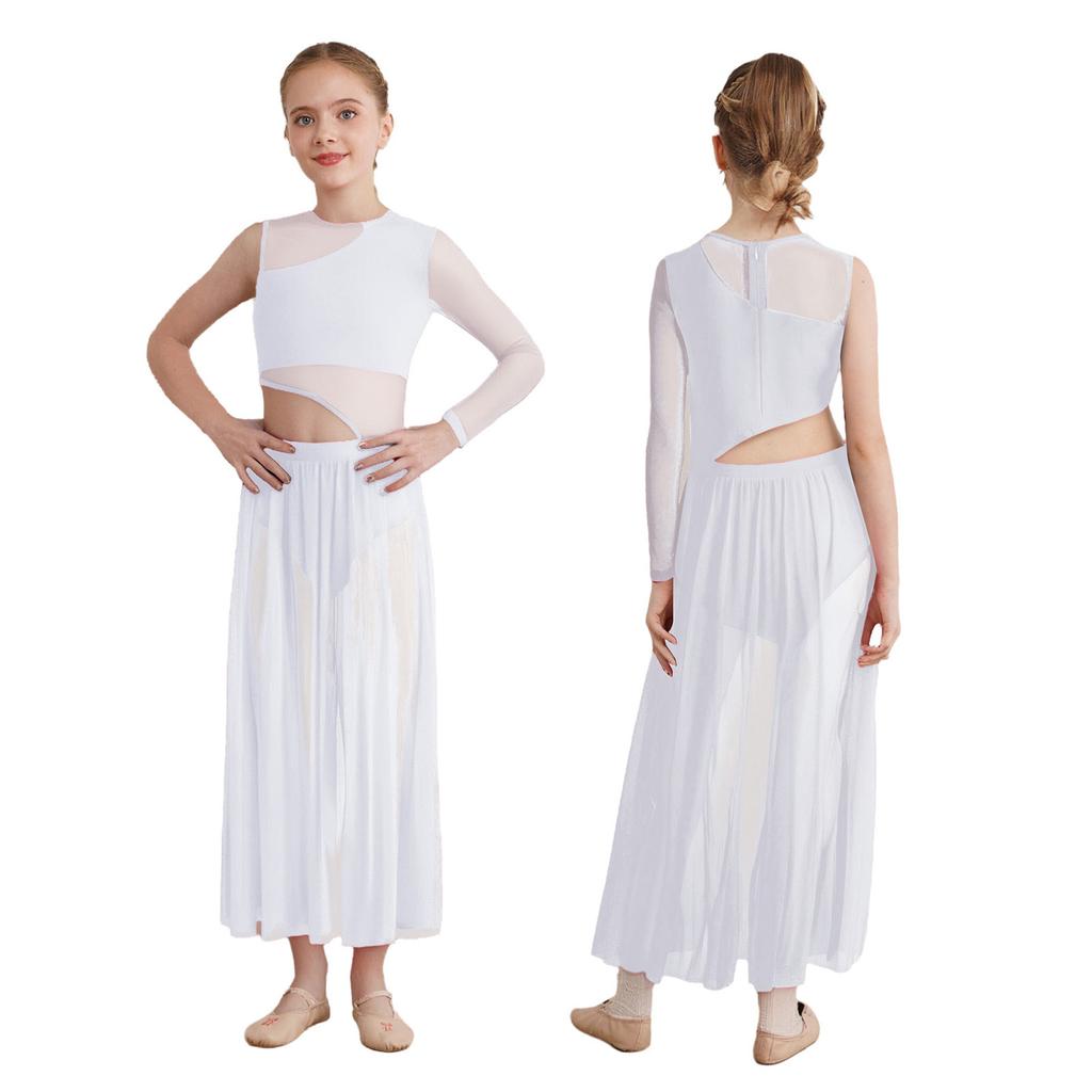 Abito da danza lirica moderno per ragazze girocollo rete trasparente con fianchi cut-out