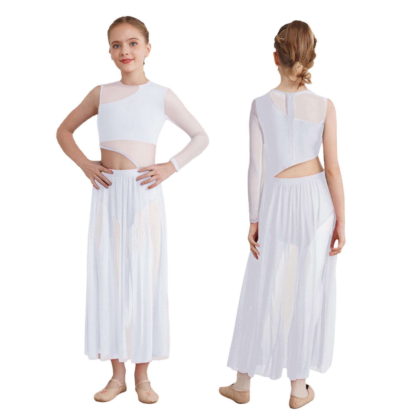 

Сучасна лірична танцювальна сукня для дівчаток Кругла горловина Прозора сітка з вирізами з боків 9-10 Years білий