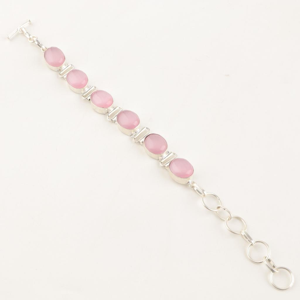 Natural Pink Cat's Eye Gemstone 925 Sterling Silver Jewelry Handmade Bracelet 8" RB-4-27
