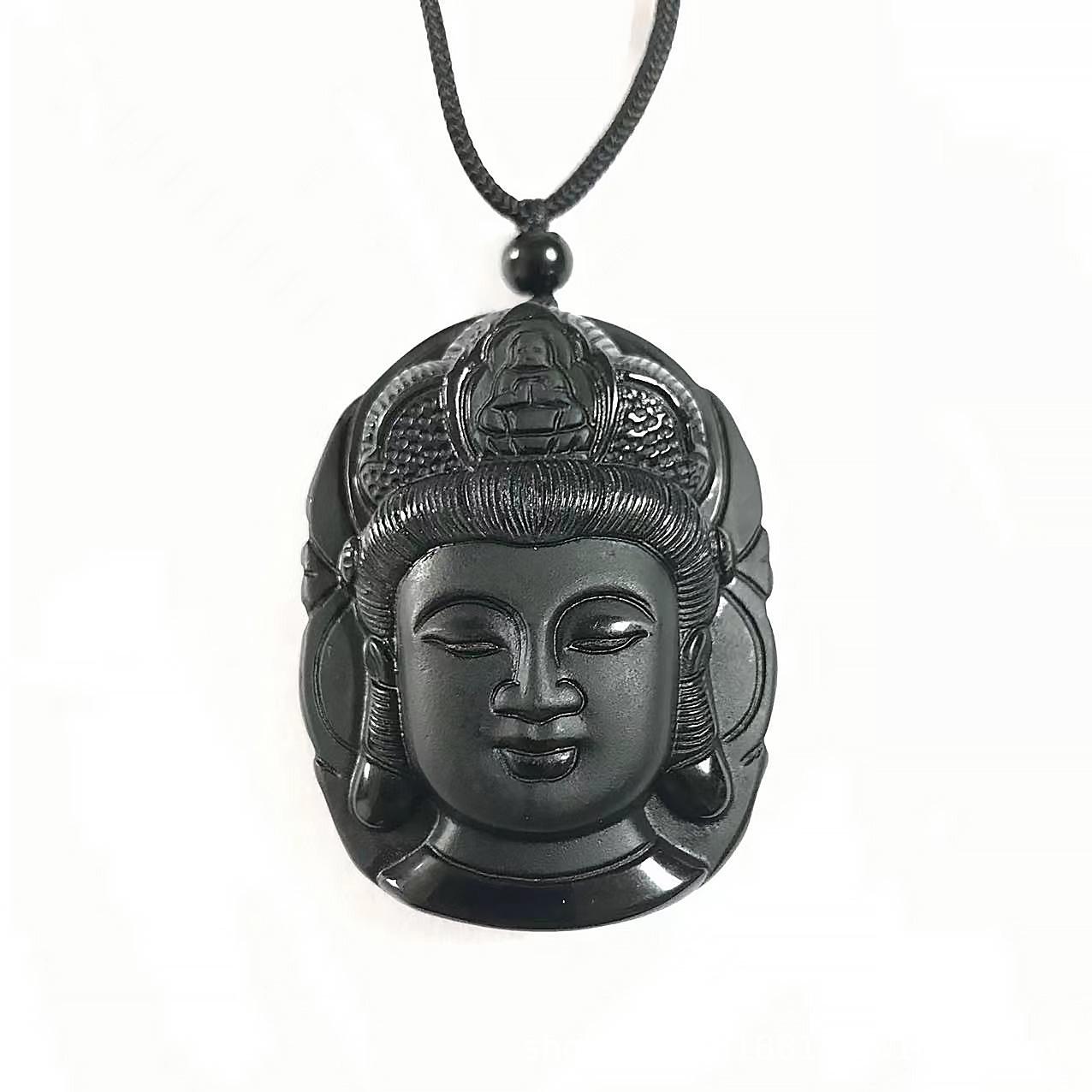 Black Obsidian Guan Yin Buddha Head Crystal Pendant Necklace цепи