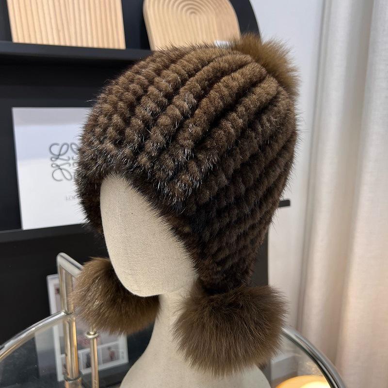 

Зимняя модная шапка из норки для женщин, вязаная теплая шапка из норки с ушками, шапка-бини Spiral с меховым помпоном One Size