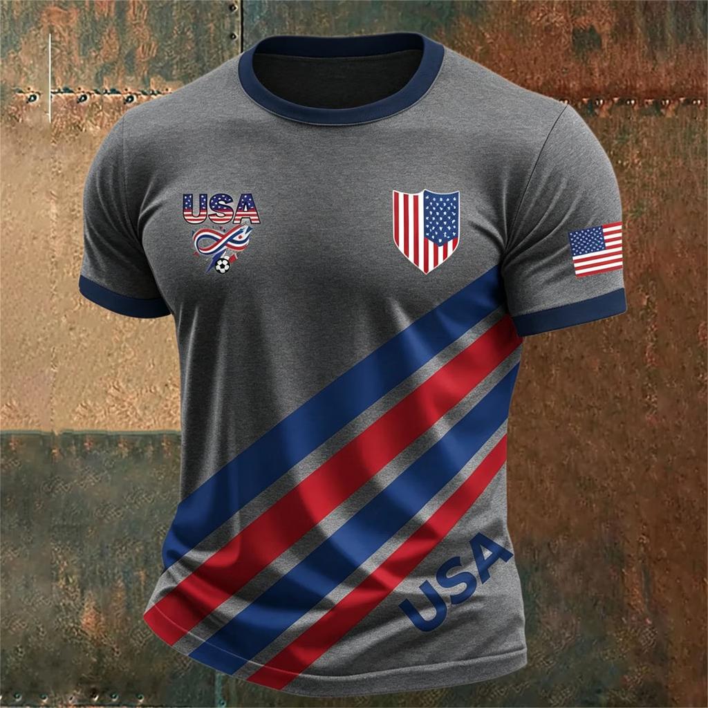 Men’s USA Football Print Crew Neck Classic Fit Short Sleeve T-Shirt with Striped Shield and Flag Design for Sports Fans